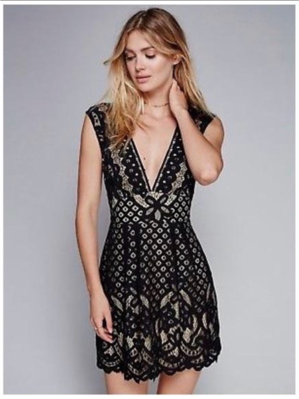 Free People “One Million Lovers” Black & Nude Lace Mini Dress
